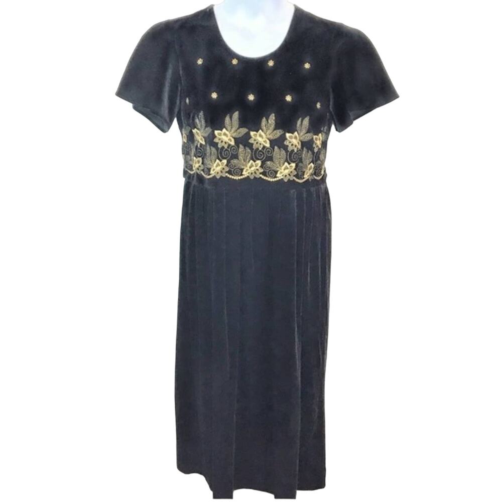 Velvet Holiday Dress Vintage 80s 90s Black Gold Embroidered Petite Size 10 Retro